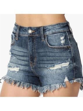 eunina Distressed Frayed Hem Denim Shorts in Blue